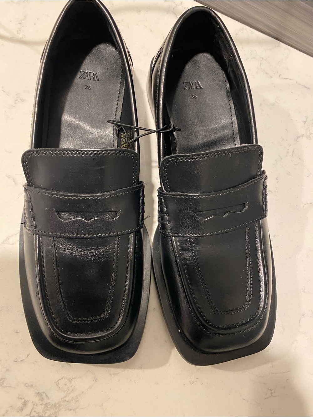 ZARA Black Leather Slip-On Penny Loafers